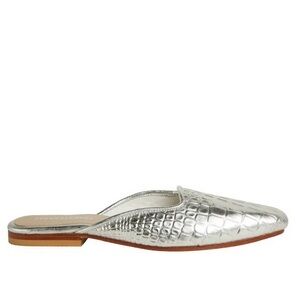 NWT Sarah Stewart The Clara Pointed Mule Silver Croc Preppy Boat Shoe Flat Shiny